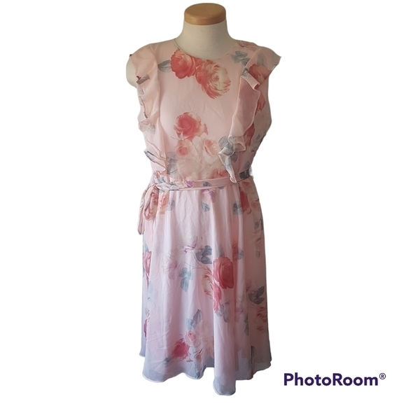 𝅺Suzy Shier Floral Sleeveless Midi Dress with Ruffles & Tie Belt - Picture 1 of 15